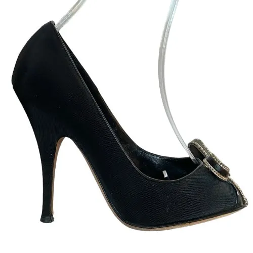 DOLCE & GABBANA Black Fabric Chain Bow Detail Peep Toe Pumps, Size 37.5