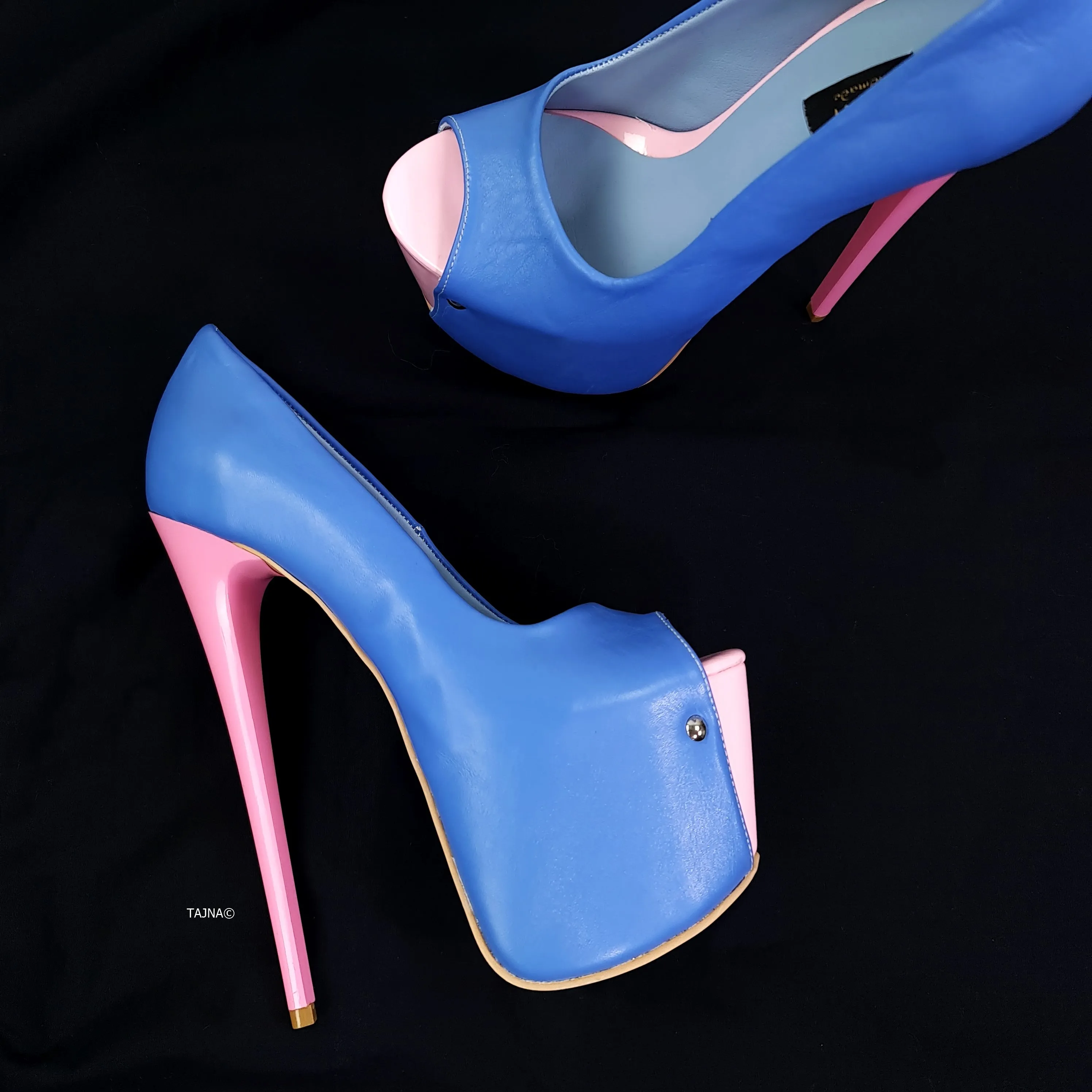 Doll Blue Pink Peep Toe High Heel Pumps