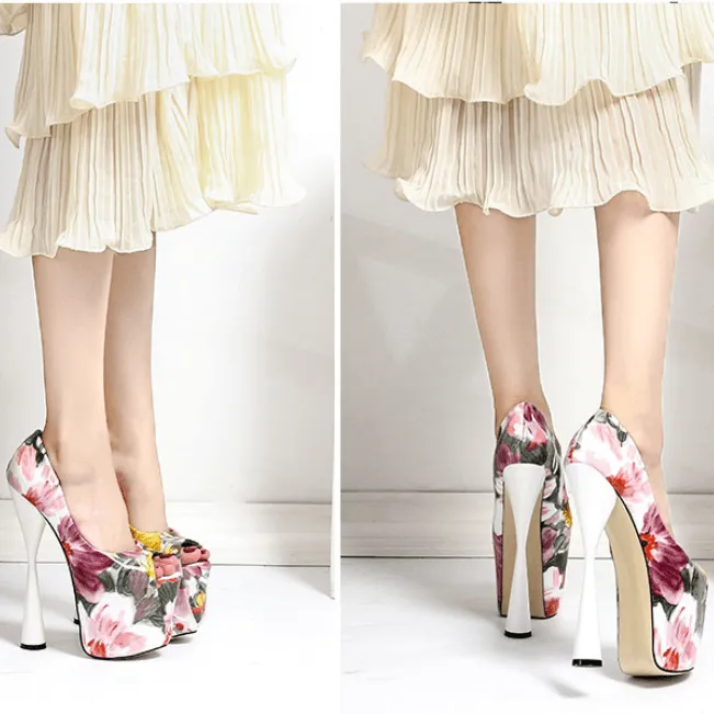 Fashion Flower Print Peep Toe PU Platform Pumps