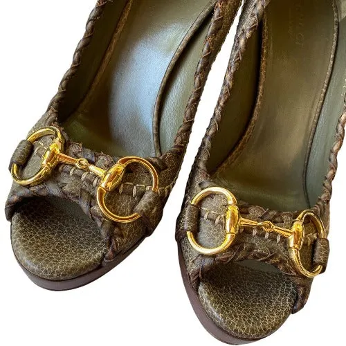 GUCCI Taupe Brown Leather Hollywood Horsebit Peep Toe Platform Pumps, Size 37.5