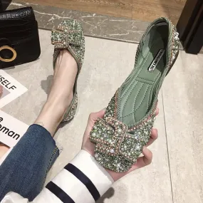 Ladies Bling Crystal Diamond Black Pink Dress Flats Womens Bow Sequins Single Shoes Rhinestone Glitter Square Toe Ballet Flats