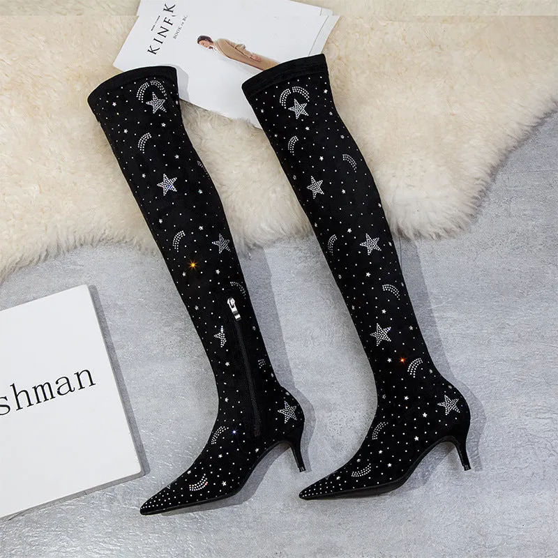 Pointed suede water drill Knee Boots