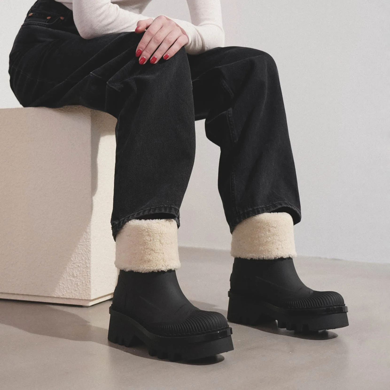 Raina black fur rain boots