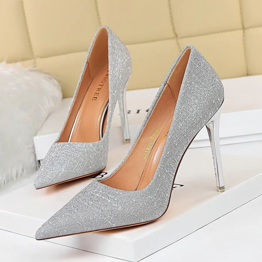 Sexy PU Sequin Point Toe Slip On Pumps
