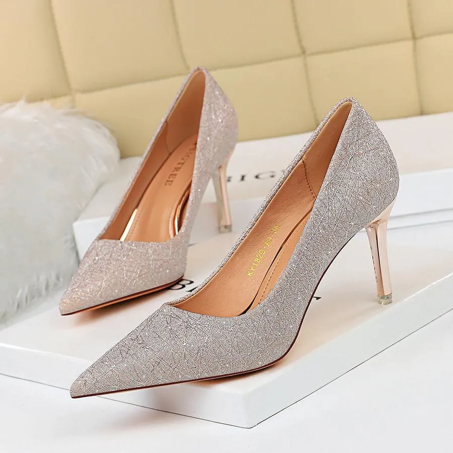 Sexy PU Sequin Point Toe Slip On Pumps