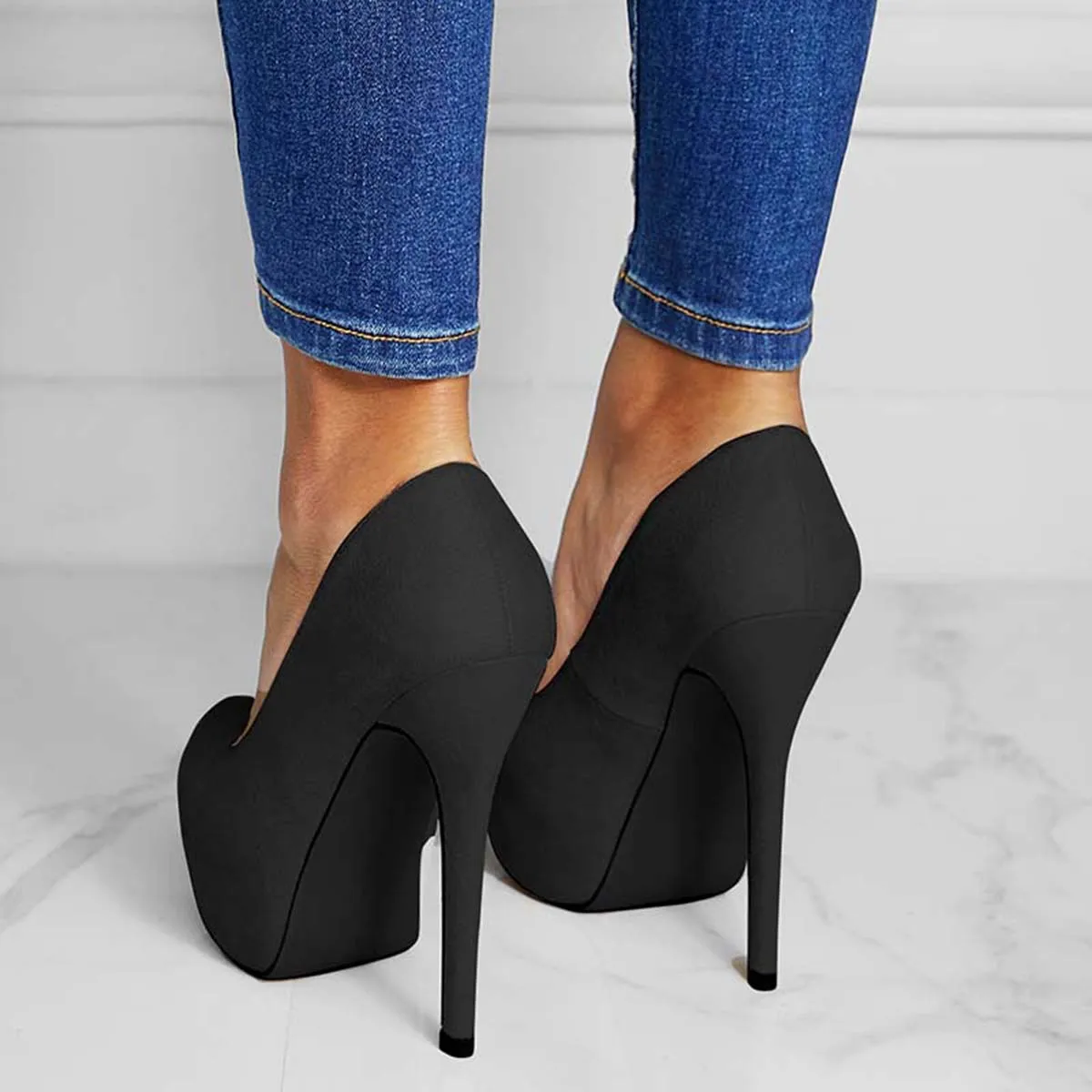 Sohiwoo Women Suede Round Toe Platform Stilettos Slip on High Heel Pumps