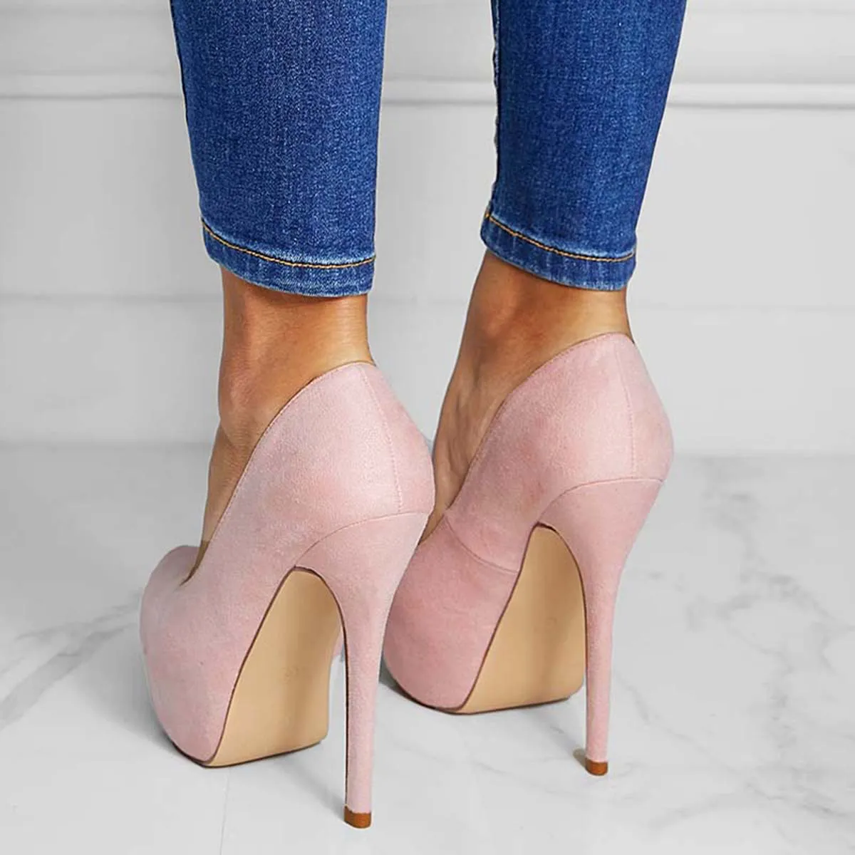 Sohiwoo Women Suede Round Toe Platform Stilettos Slip on High Heel Pumps