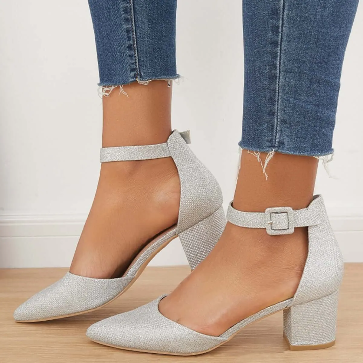 Sohiwoo  Women Wedding Sandals Chunky Block Heel Pumps Pointed Toe Ankle Strap Heels